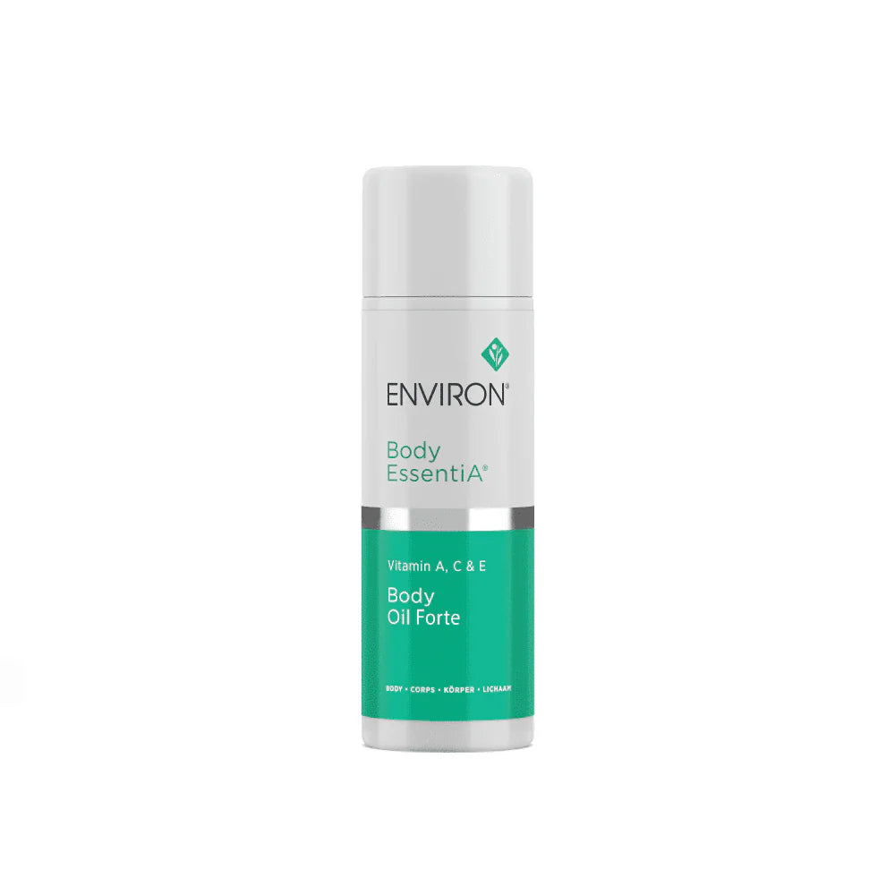 A cylindrical white bottle of Environ A, C & E Body Oil Forte with a teal label at the bottom half containing product information. The brand name and logo adorn the upper part, promising to nourish and soothe skin with its rich blend of vitamins A and E oil.