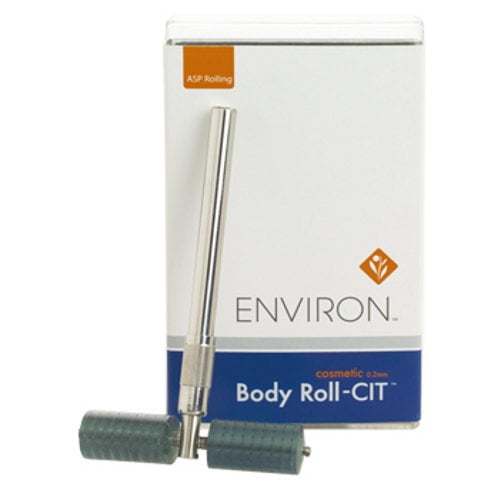 Image shows a device labeled "Environ Focus Care Skin Tech + Cosmetic Body Roll-CIT" by Environ. The tool, ideal for skin treatment, consists of a metallic handle with two textured roller heads. Positioned in front of its packaging box, the Environ Focus Care Skin Tech + Cosmetic Body Roll-CIT features branding and product details that highlight its role in enhancing Mesotherapy sessions.